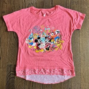 Disney Parks Girls Coral Mickey Minnie Mouse Castle Fireworks T Shirt Size 8
